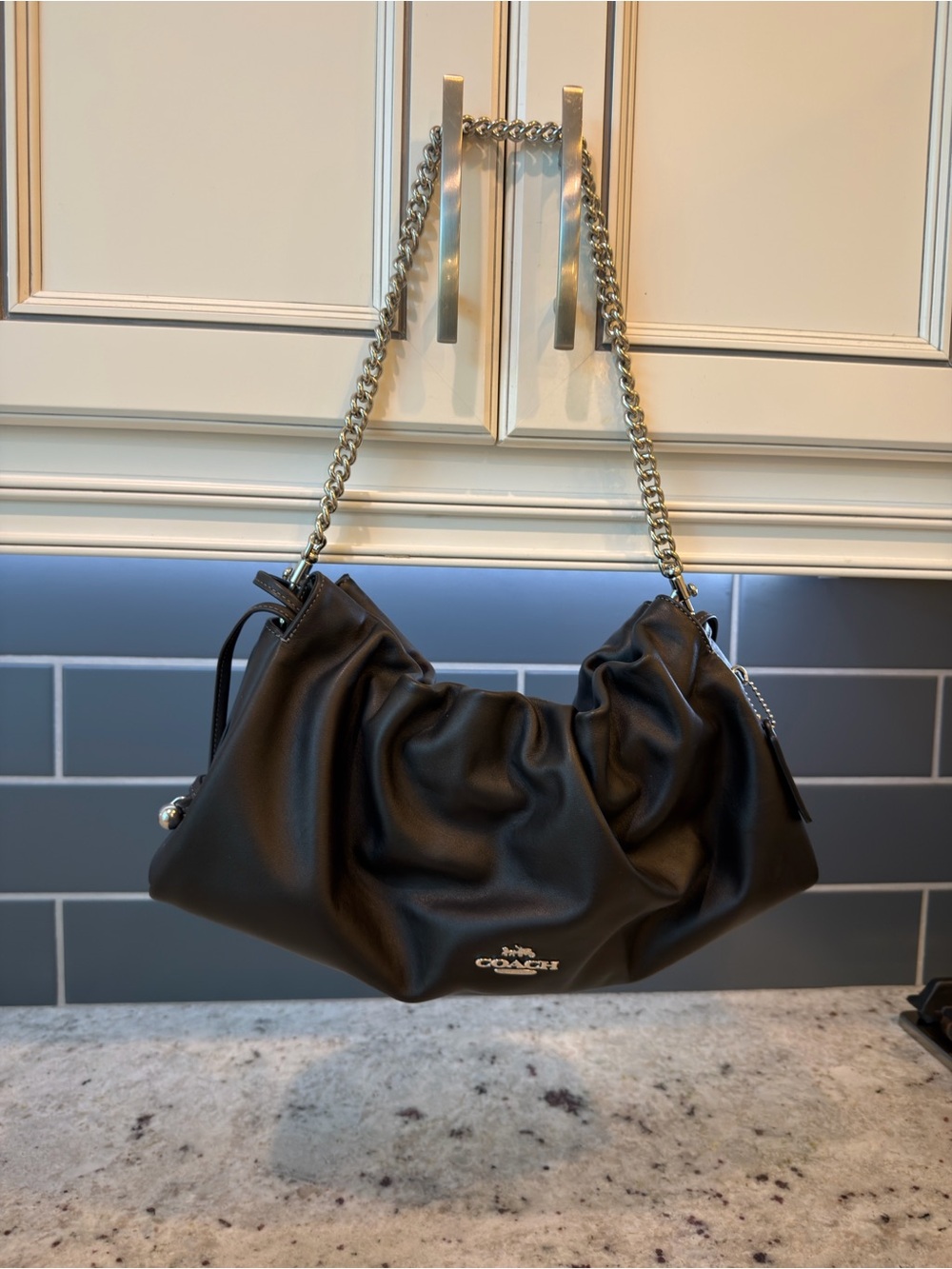 Like New Coach Large Faye Black Leather Shoulder Bag with Silver Chain - Picture 3 of 16